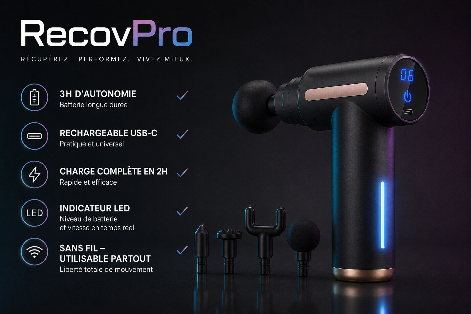 RecovPro — Pistolet de Massage Percussion Professionnel | Récupération Musculaire Rapide